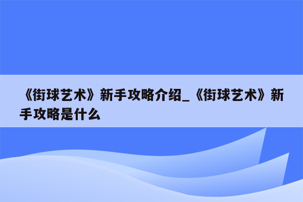 《街球艺术》新手攻略介绍_《街球艺术》新手攻略是什么